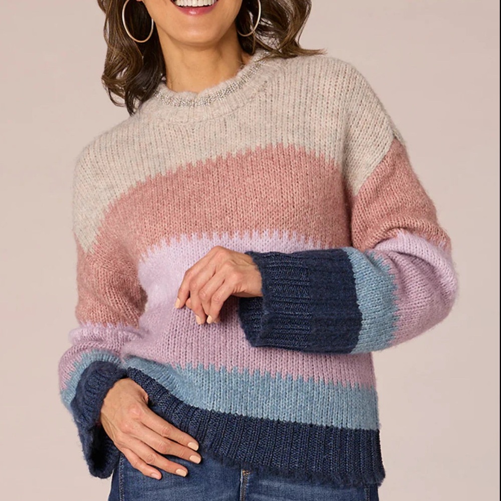 Long Sleeve High Round Neck Multi Color Stripe Sweater